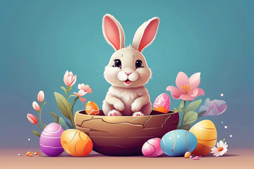 Wall Mural - A cute Easter bunny with a basket of chocolate eggs and spring flowers is an illustration of a children character, a traditional holiday card on a colored background. AI generated