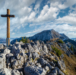 Wall Mural - Autumn Alps mountain misty morning view from Jenner Viewing Platform, Schonau am Konigssee, Berchtesgaden national park, Bavaria, Germany.