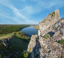 Wall Mural - Amazing spring view on the Dnister River Canyon with picturesque rocks, fields, flowers. This place named Shyshkovi Gorby,  Nahoriany, Chernivtsi region, Ukraine.