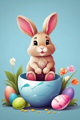 Wall Mural - A cute Easter bunny with a basket of eggs and spring flowers is an illustration of a children character, a traditional holiday card on a colored background. 
