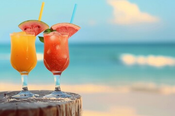 Two tropical fresh juices on tropical beach. generative ai.