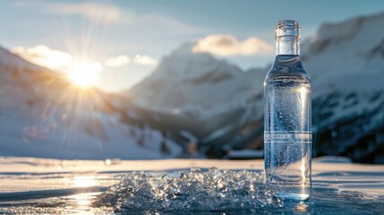 Crystal water bottle and glass pouring against blurry natural snow mountain landscape background. Pure, natural, organic water