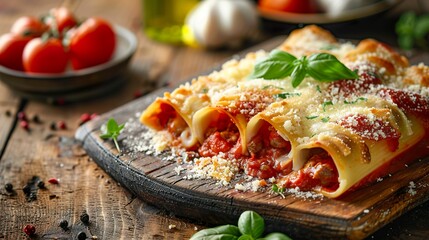 Wall Mural - Delicious cannelloni pasta filled with freshly prepared meat and tomato sauce. Cannelloni pasta with irresistible melted cheese.