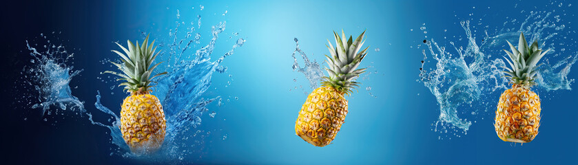 Wall Mural - Ripe delicious pineapple with a splash of water. Creative fruit.