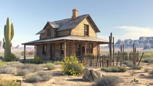 3D Illustration Of Small House In The Wild West Style.