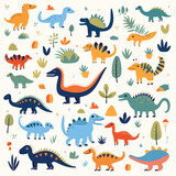 Fototapeta Pokój dzieciecy - Playful dinosaurs and footprints pattern illustrati