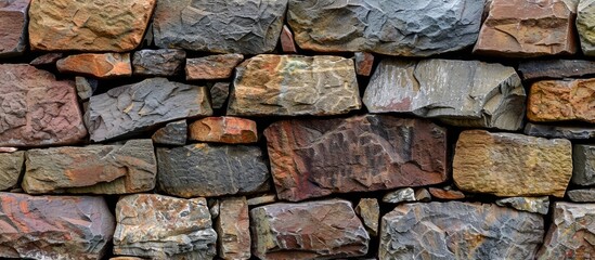 Sticker - A closeup of a stone wall made of various types of rocks, showcasing an intricate pattern of rectangle bricks creating an artistic display using natural building materials