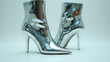Reflective Silver Footwear With High Heels And Pointed Toes