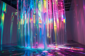 Wall Mural - a cascade of holographic light, with iridescent streaks of pink, blue, and green flowing down a slee