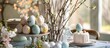 Easter-themed table decor with painted eggs, willow, and cake