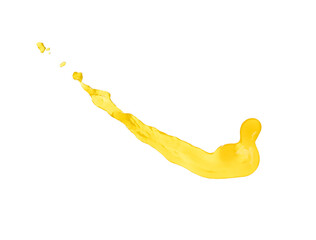 Yellow liquid flying explosion, pigment corn banana juice fresh float pour in mid air. Yellow paint color splash spill drop abstract. White background Isolated high speed shutter, throwing freeze stop