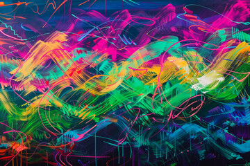 Wall Mural - A vivid display of electric light streaks, canvas in a chaotic yet beautiful pattern of neon green, electric blue, and hot pink against a dark backdrop.