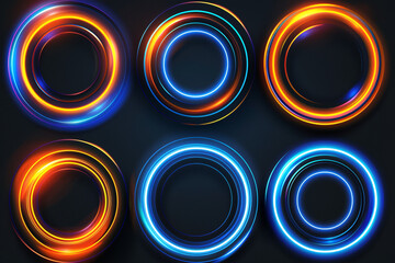 Wall Mural - Set of neon color circles with dynamic blue and orange lines on a black background 