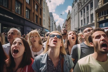 Wall Mural - Crowd of people looking up shocked