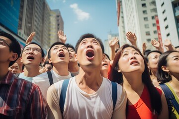 Canvas Print - Crowd of people looking up shocked