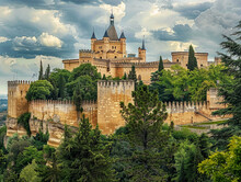 Historic Alcazar Castle In Segovia, Spain, Featuring Intricate Details And Architecture In Raw Style.