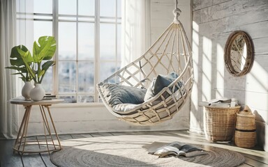light and airy beach house interior design with woven baskets and pops of blue evoke a summer vacati