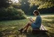 young woman reading a book in nature park outdoors