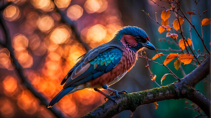 A large bird sits nestled on a knotted tree branch, its bright plumage reflecting the ethereal light of the moon.
