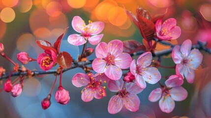 Sticker - Blossoming branch cherry. Bright colorful spring flowers