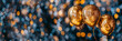 A trio of gleaming golden balloons against a bokeh light backdrop, exuding warmth and festivity. Panoramic image with copy space. AI Generative.