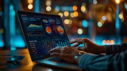 Global Energy Analysis Professional Using Laptop to Visualize Resource Management Data