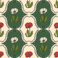 Wall Mural - Damask style poppy flowers plants seamless pattern. Bright summer print for tee, paper, textile and fabric. Doodle vector illustration.