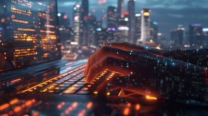 Cityscape Coding Closeup of Backlit Keyboard with Digital Code and Urban Skyline