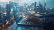 © laliz - TechSavvy Cityscape Cybersecurity Networks and Digital Locks on Laptop Keyboard