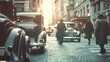 Vintage Sunset City Street with Classic Cars in Soft Focus