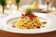 © Виктория Попова - Delicious pasta with bacon and sauce. Italian cuisine. Recipe.