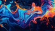 Expressive Neon Liquid Paint Swirls and Splatters on Dark Background, Dynamic Abstract Composition with Vibrant Blue and Orange Hues, Modern Art Wallpaper Design, Digital Painting