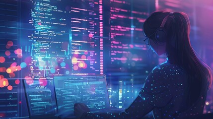 female programmer coding in html with data analytics holograms, modern digital illustration