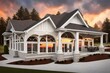 New construction community club house with white covered porch, gable roof with semi circle window and dramatic sunset sky