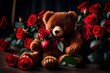 A close up photography of a Cute fluffy brown teddy bear with red rosses 