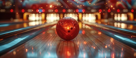 Bowling ball hitting pins scoring a strike. Bowling background.