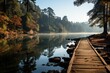 Wooden dock on lake surrounded by trees in ecoregion, under sunny sky