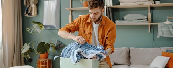 Wall Mural - Young man sorting old clothes to donate, recycle and declutter