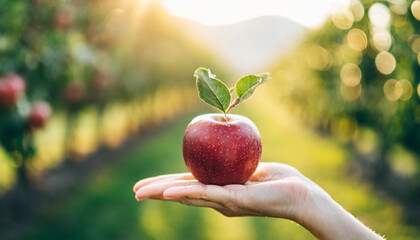 Wall Mural - Woman's hand delicately holds apple in orchard's golden light, symbolizing harvest, temptation, and connection with nature