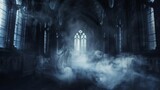 Fototapeta  - Abstract renaissance gothic hall with dark atmosphere, smoke, and dramatic light effects