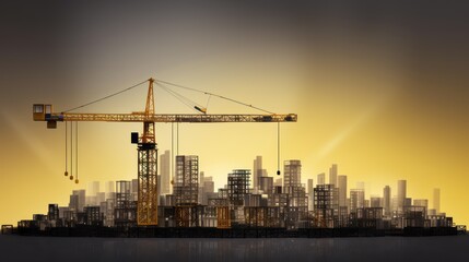 Wall Mural - A Vector illustration of Construction crane above building urban development city skyline Black construction site isolated on transparent background.