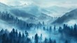 Spectacular mountain forest shrouded in mystical morning fog, dreamy landscape digital painting