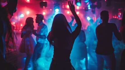 Wall Mural - photography of a crowd of people dancing in a club in the night with loud music and colorful bright lights. having fun and enjoying each other. wallpaper background 16:9