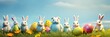 Easter eggs and rabbit in grass under cloudy sky illustration with copy space, Easter bunny sitting on grass with colorful easter eggs