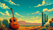 A colorful, stylized illustration of a desert landscape with a classical guitar leaning against cacti under a wide, cloud-filled sky.