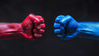 The clash of red and blue fists signifies the decisive nature of the presidential election.