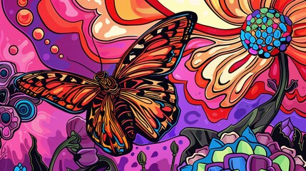 Psychedelic butterfly and flower, in the style of minimalist line art, appropriation artist, funk art