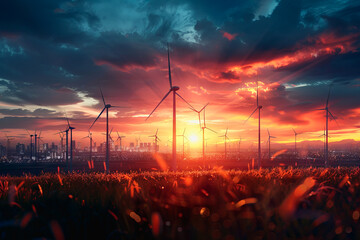 Wall Mural - Wind power plant and technology. Smart grid. Renewable energy. Sustainable resources.