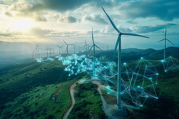 Wall Mural - Wind power plant and technology. Smart grid. Renewable energy. Sustainable resources.