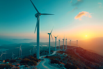 Wall Mural - Wind power plant and technology. Smart grid. Renewable energy. Sustainable resources.